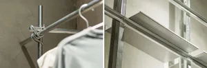Close-up of a metal clothing rack in a retail store