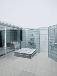Modern bathroom interior featuring glass block walls and minimalist design.