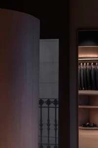 Modern closet with dark wood and glass elements, featuring a clothing rail and storage shelves.