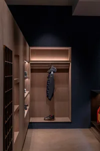 A modern closet with wooden shelves and a hanging space for a jacket, featuring a minimalist design.