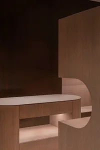Modern interior design featuring wooden furniture.