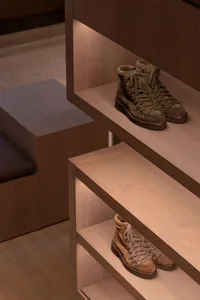 Modern, sleek shoe storage solution featuring wooden shelves with built-in lighting.