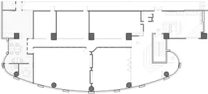 A detailed office floor plan showing various rooms and layouts.