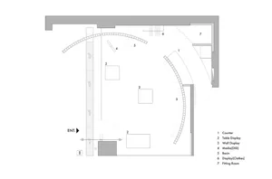 Retail display floor plan with designated areas for counter, table display, wall display, media, basin, clothing display, and