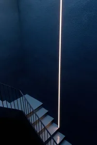 Modern, minimalist concrete stairwell illuminated by a linear light fixture.