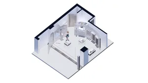 Isometric view of a modern retail storefront featuring metallic architectural elements.