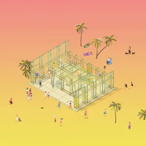 Illustration of an outdoor space with transparent steel beams and glass walls