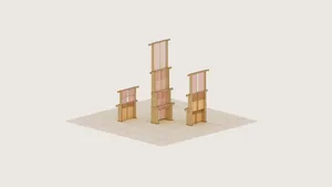 Three elevator shafts with wooden construction material.