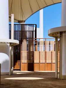 Modern architectural space featuring wooden elements.
