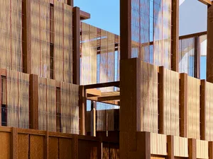 Modern architectural design featuring wooden materials.