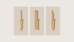 Technical engineering drawing of wooden joints in a 3D perspective view.