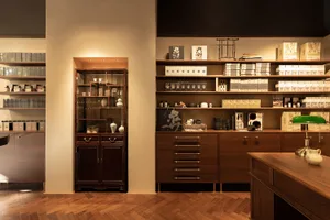A well-organized storefront display featuring wooden shelves with various products and lighting fixtures.
