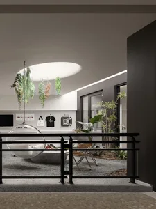 A modern minimalist living room featuring a concrete floor and minimalist furniture and decor.