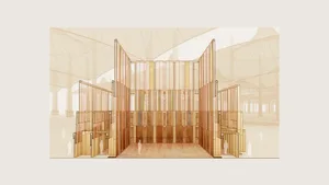 A modern office design featuring a prominent wooden frame structure.