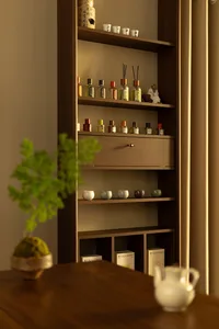 A modern storage shelf made of natural wood with multiple shelves and compartments.