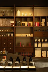 商店室內整齊排列的木質層架，陳列各種物品