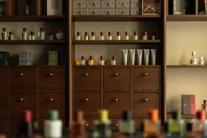 A traditional wooden cabinet displaying various bottles of perfume.