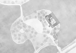 A vector graphic representing an architectural layout of a parking lot.
