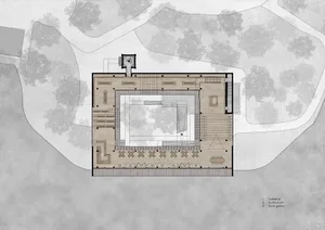 Floor plan of a modern office building with indoor and outdoor spaces.