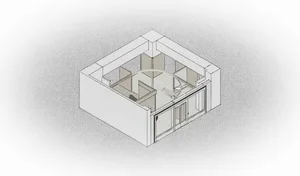 Isometric drawing of an architectural floor plan featuring glass walls and a central circular area.