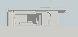 A 2D architectural drawing depicting a modern residential interior with concrete finishes.