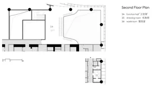 A black and white architectural floor plan for the second floor of a building, labeled with room numbers and descriptions.