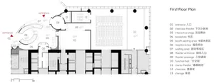 First Floor Plan of a modern theater interior, featuring various functional zones such as entrances, staircases, and seating 