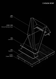 3D rendering of a metal frame structure with labels for different components.