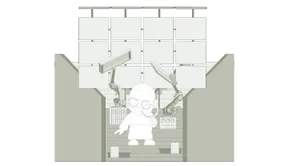 Cross-section of a minimalist office space with modern steel and glass elements.
