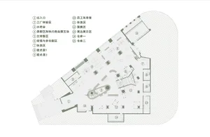 辦公空間平面圖，展示不同功能區域以及設計中使用的混合材質。