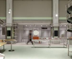 A modern retail space with metallic structural elements.