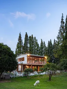 A residential farmhouse with white stucco walls, wooden accents, and large glass windows surrounded by greenery with a goat g