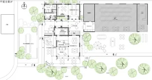 A detailed architectural floor plan of a restaurant showing various rooms and areas.
