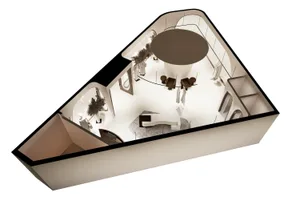 An overhead view of a modern retail space with concrete and minimalist design features.