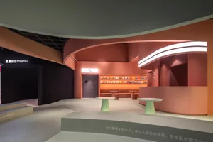 Interior design of a modern retail storefront featuring exposed concrete walls and modern furnishings.