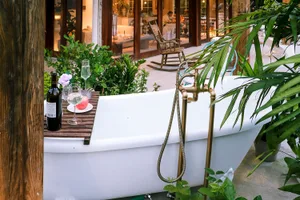A white ceramic bathtub adorned with green plants and decorative items, set against a backdrop of a cozy indoor space.