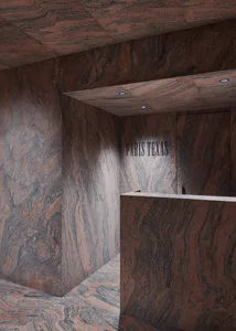 The interior of a space made of granite with a sign that says 'Paris Texas'.