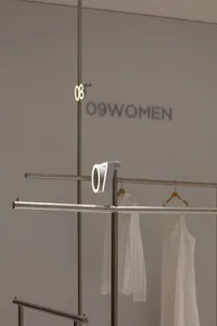 A modern fashion retail display shelf with a number indicating section numbers.