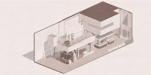 Isometric view of a modern interior space with concrete walls and flooring.