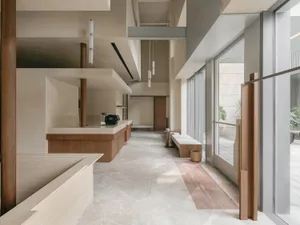 Modern spa interior with marble and wooden elements