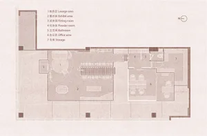 Floor plan of an office space featuring lounge, exhibit, fitting, powder, bathroom, office, and storage areas.