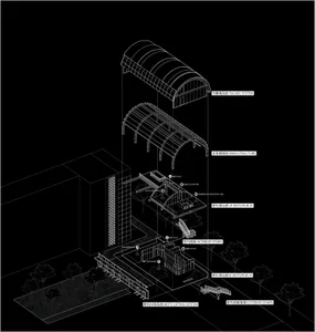 A detailed architectural section drawing of a modern building, showcasing materials and structural components.