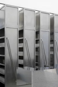 Modern industrial storage system constructed from metal with a modular design.