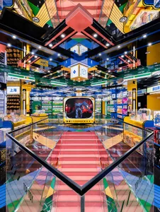 An interior view of a vibrant, colorful toy shop with various shelves and displays.