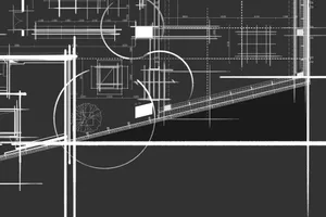 A detailed blueprint of an industrial-style office space, showcasing open-plan layout with exposed beams and concrete finishe