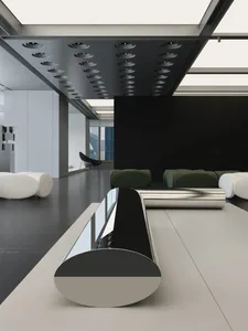 A modern interior space featuring metallic accents, minimalistic furniture, and sleek design.