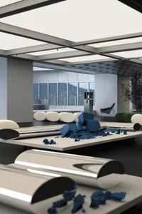A modern living room featuring metallic furniture and decor.
