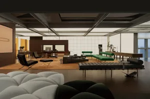 Modern living room interior with wood and metal furniture and decor.