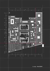 A detailed architectural floor plan of a modern office layout.