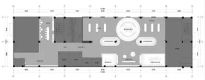 Floor plan of a modern office layout showing various functional zones and dimensions.